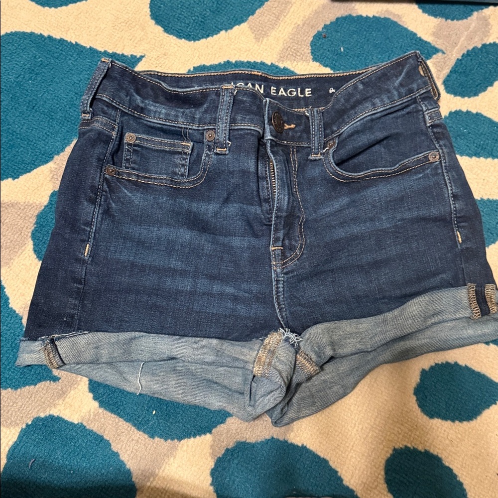 American Eagle Dark Blue Denim Shorts with Tan Patch